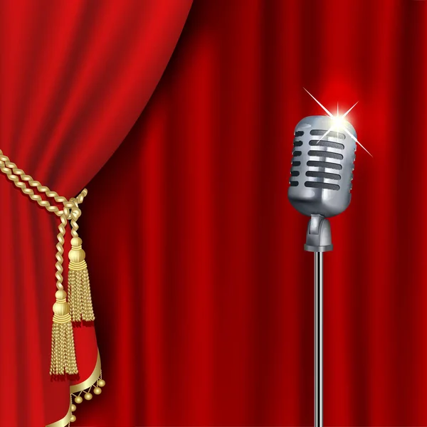 माइक्रोफोन और लाल पर्दे के साथ रंगमंच मंच। क्लिपिंग मास्क। जाल . स्टॉक वेक्टर