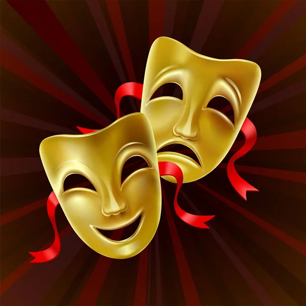 Theatermasken Auf Rotem Hintergrund Goldene Masken Theaterszene Maschen Ausschnittmaske — Stockvektor