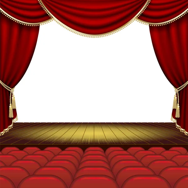 Escenario Teatro Con Cortina Roja Máscara Recorte Malla — Vector de stock