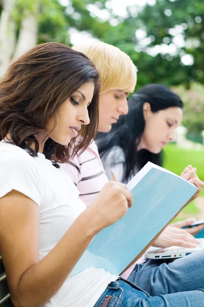 Estudiantes universitarios leyendo libros al aire libre — Foto de Stock