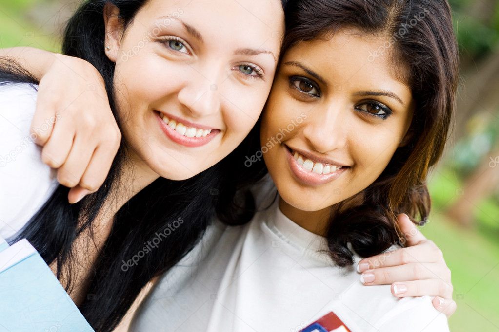 Two female college students closeup portrait