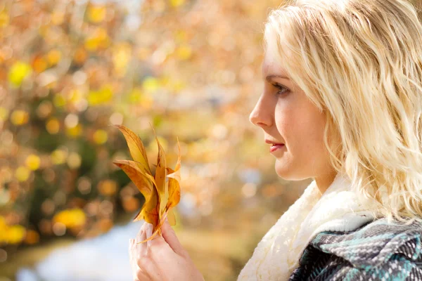 Mujer bonita joven en el bosque de otoño — Foto de Stock