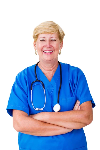 Happy senior nurse isolated on white background — Stock Photo, Image