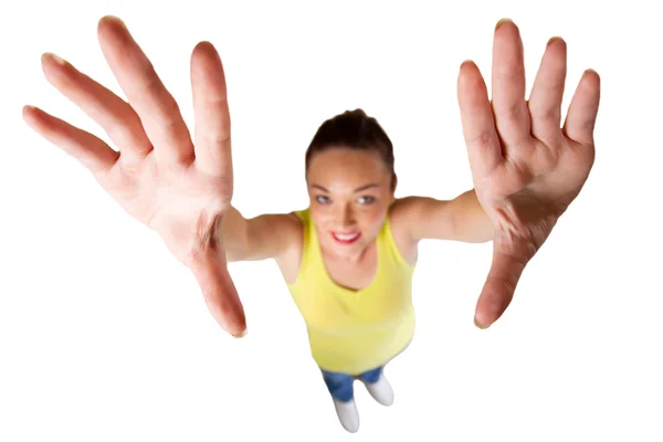 Distorted photo of young woman reach out — Stock Photo, Image