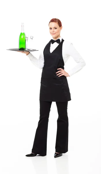 Waitress with champagne and glasses isolated on white — Stock Photo, Image