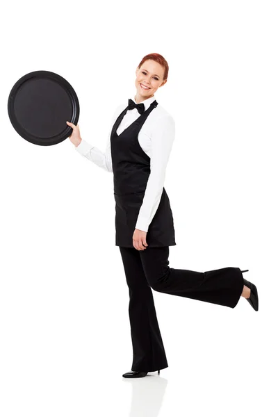 Cute young waitress isolated on white — Stock Photo, Image