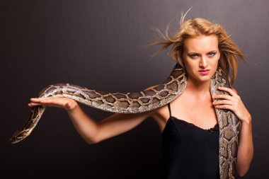 bir piton siyah arka planda tutan seksi genç kadın