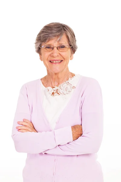 Senior vrouw armen gevouwen geïsoleerd op wit — Stockfoto