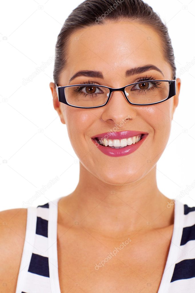 Beautiful young woman with glasses headshot on white