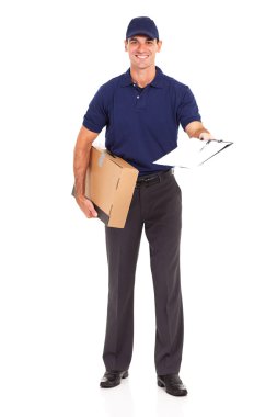 delivery man carrying a parcel and presenting receiving form for signing clipart
