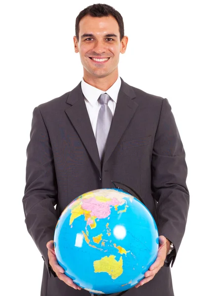 Young handsome busniessman holding a globe — Stock Photo, Image