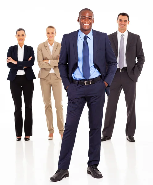 Guapo africano hombre de negocios y equipo de longitud completa en blanco —  Fotos de Stock