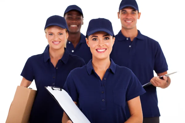 Group of delivery service staff half length on white — Stock Photo, Image