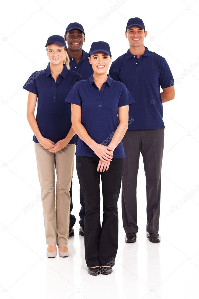 group of delivery service staff full length portrait on white