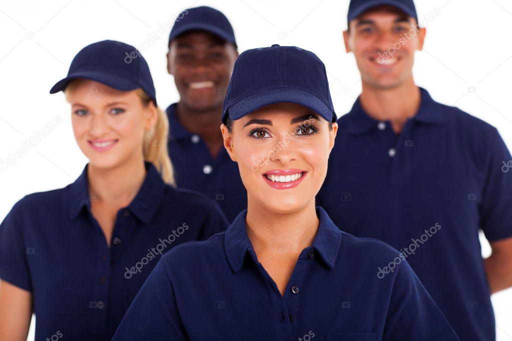 group of service industry staff closeup on white