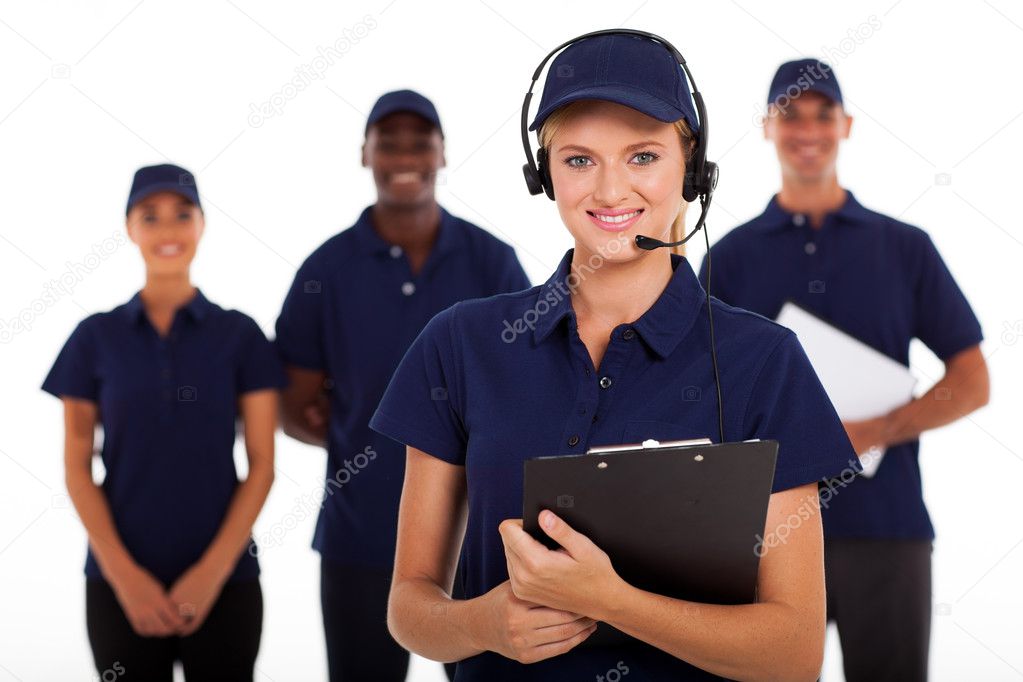 IT service call center operator with headphones and team