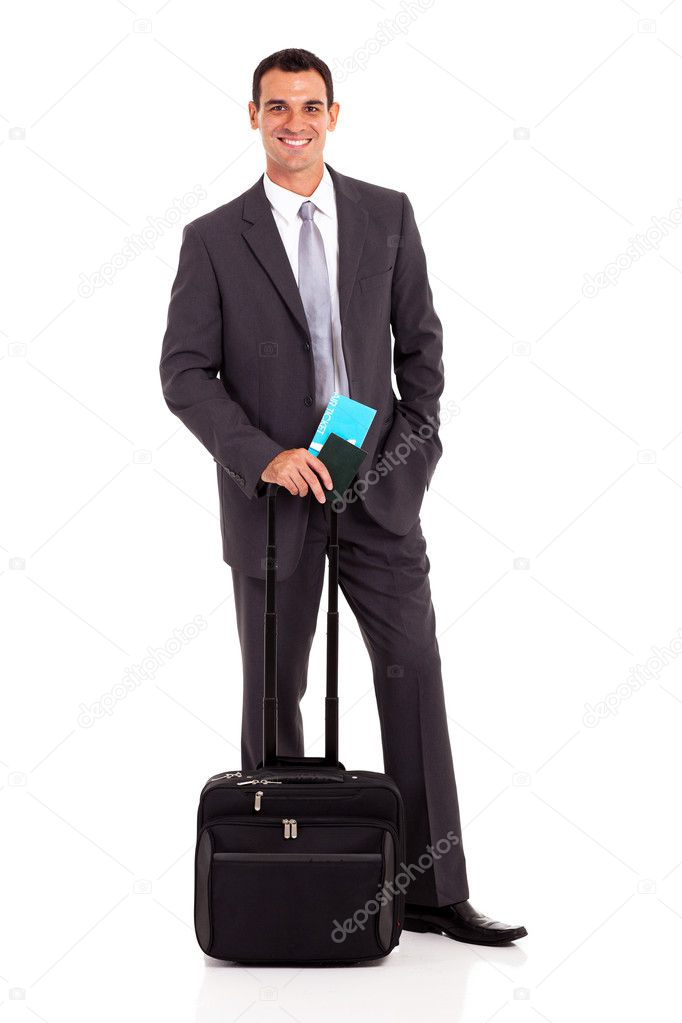 handsome young businessman with trolley bag and air ticket