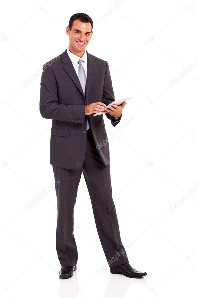 handsome businessman with tablet computer isolated on white