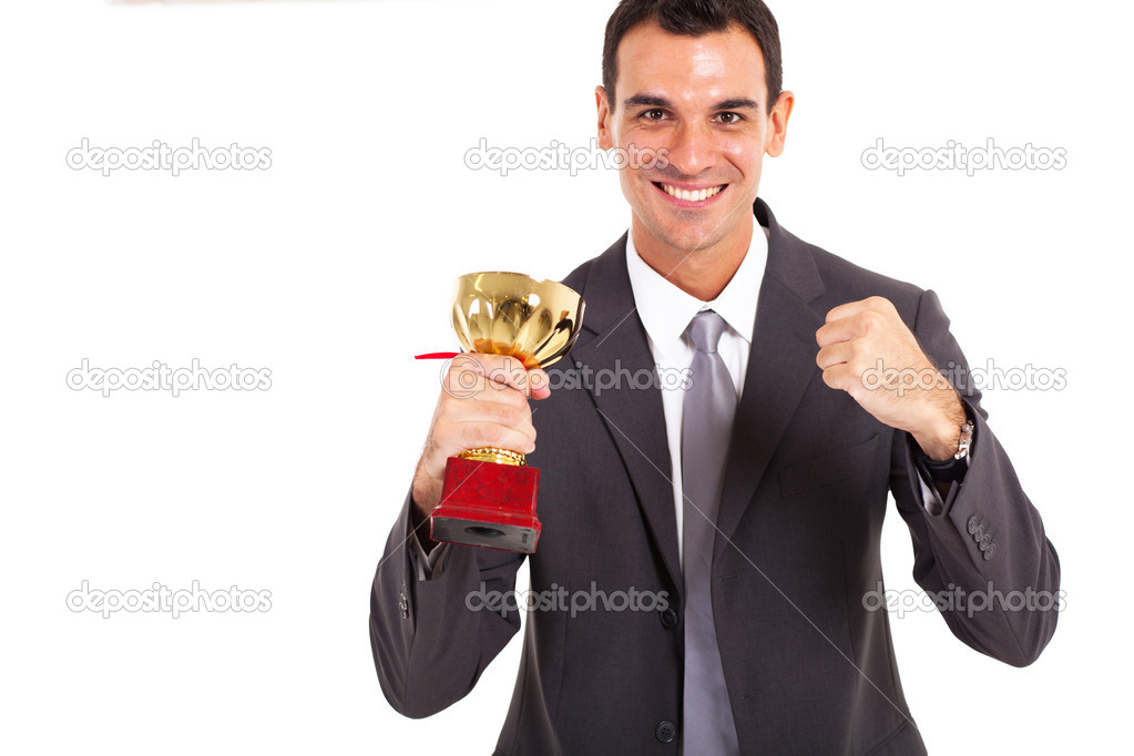 successful businessman with trophy isolated on white