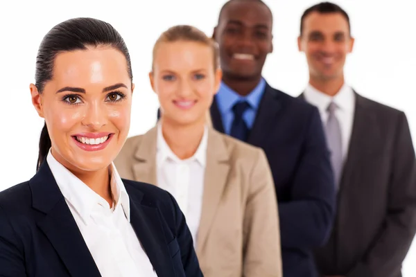 Bonita mujer trabajadora corporativa y equipo en blanco — Foto de Stock