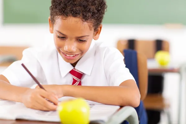 Primära skolpojke skriva klass arbete — Stockfoto