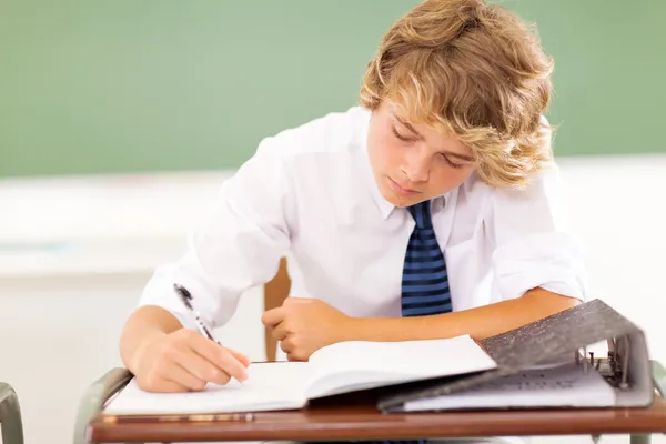 Estudiante de secundaria escribiendo en el aula — Foto de Stock