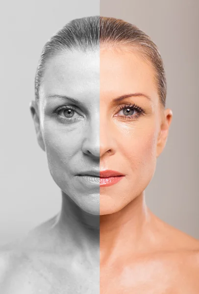 Frau mittleren Alters vor und nach dem Make-up lizenzfreie Stockfotos