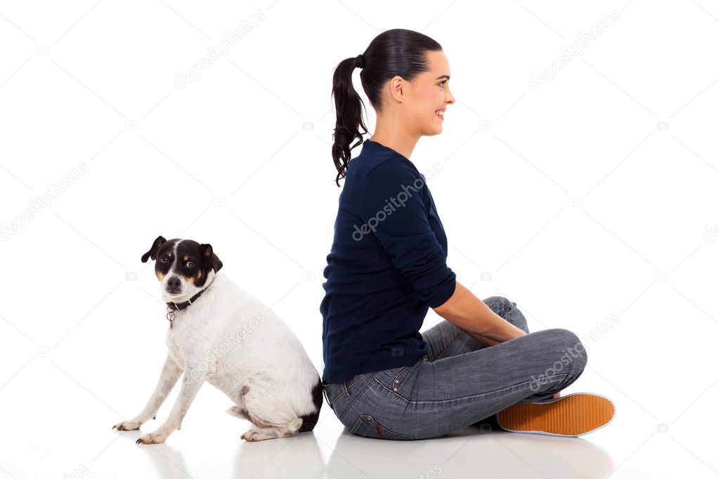 woman with pet dog isolated in white