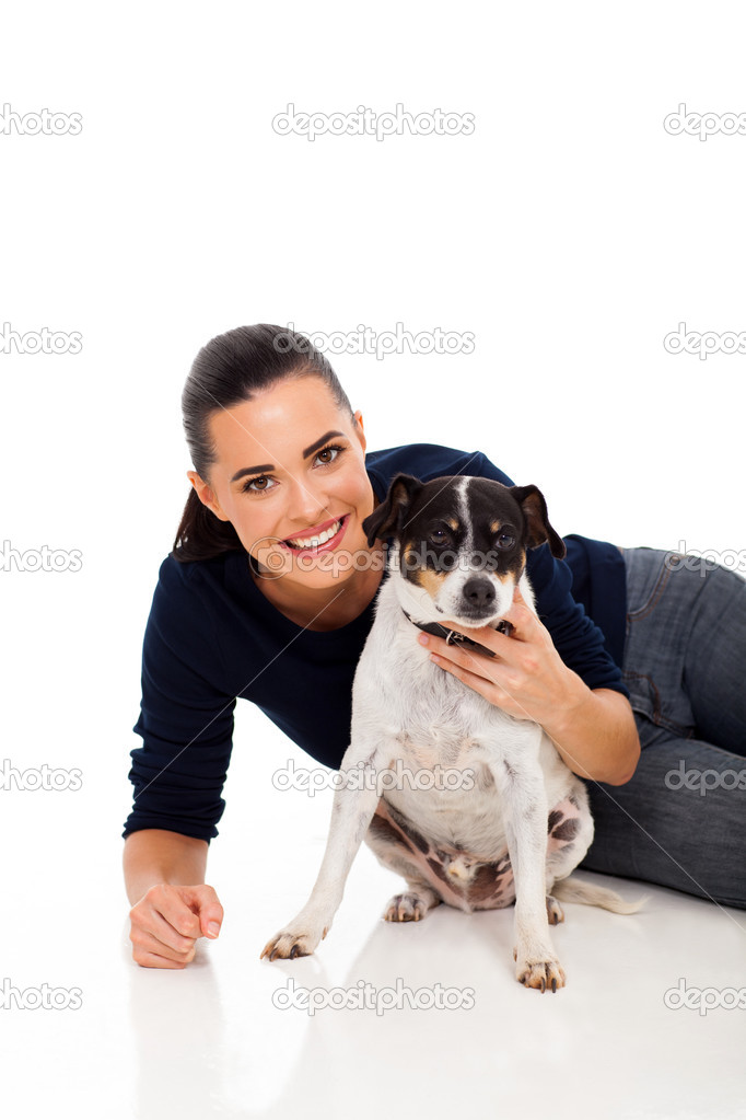 pretty woman playing with her dog