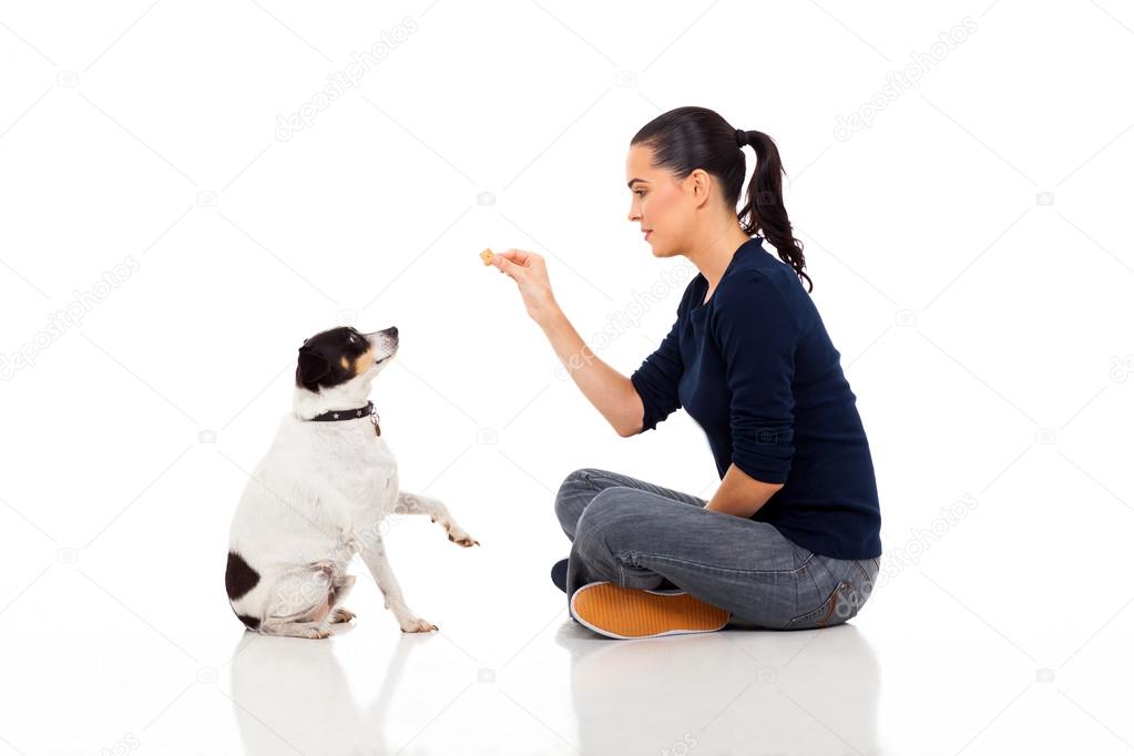 modern woman training a dog
