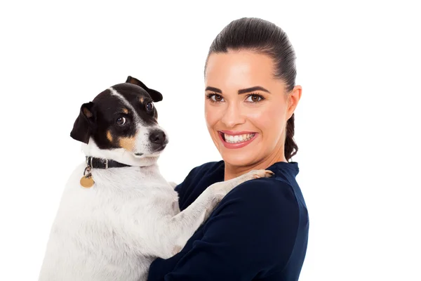 Joven dama sosteniendo su mascota perro —  Fotos de Stock