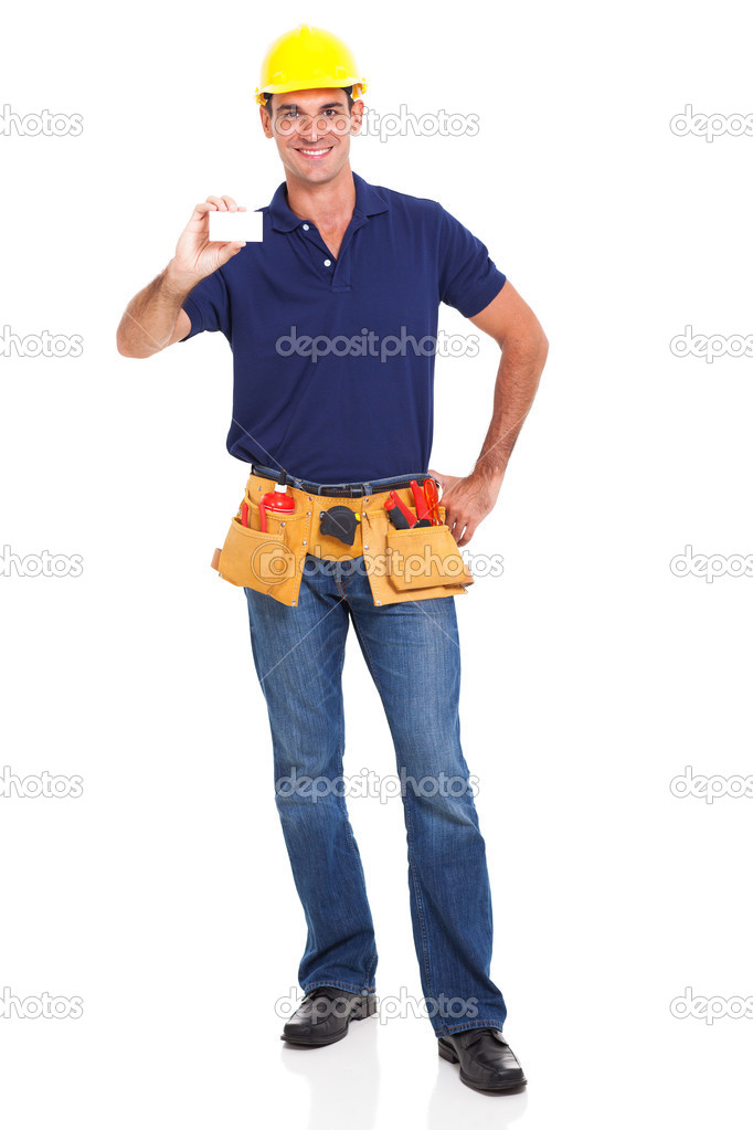 smiling handyman holding his business card