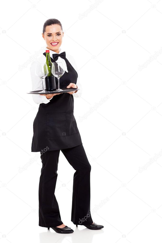 cute waitress holding wine and glass