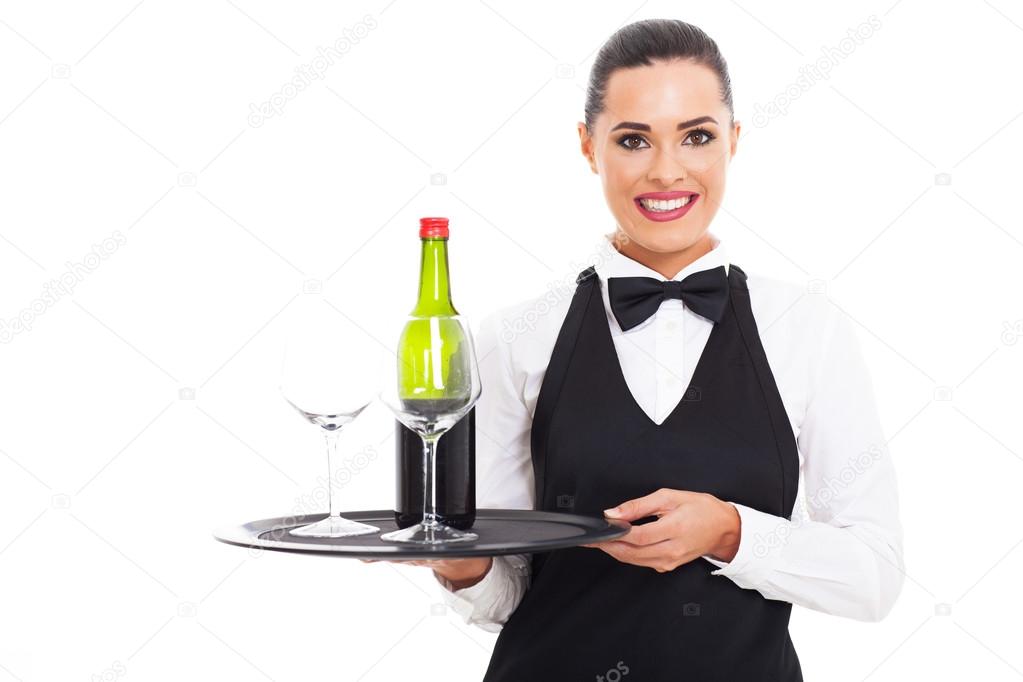 pretty waitress with wine and glass