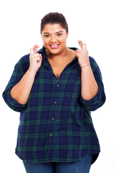 Pretty young overweight woman wishing good luck — Stock Photo, Image