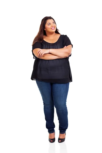 Smiling overweight woman looking up — Stock Photo, Image