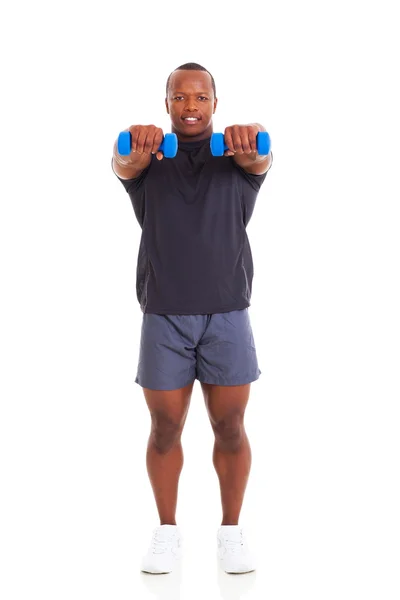 Joven africano haciendo ejercicio con mancuernas — Foto de Stock