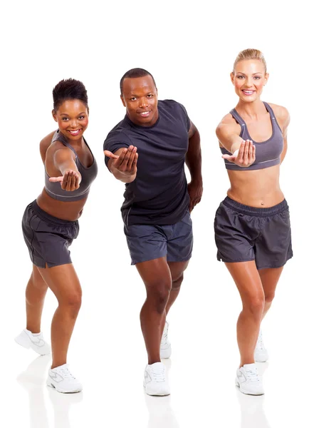 Cheerful group fit inviting to join exercise — Stock Photo, Image