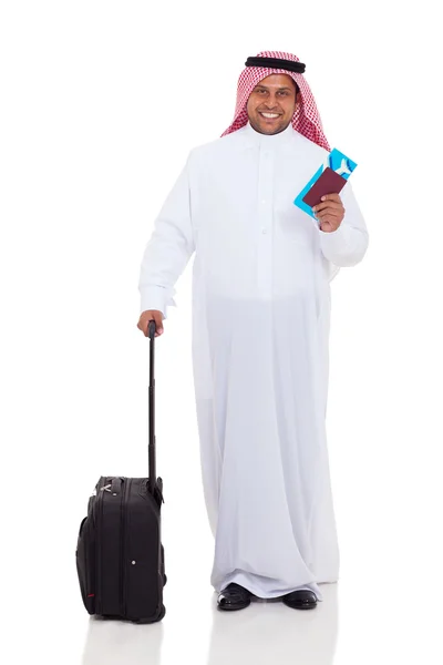 Middle eastern man with luggage and air ticket — Stock Photo, Image