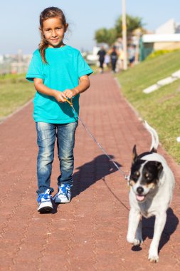 Küçük kız köpeği gezdiriyor.