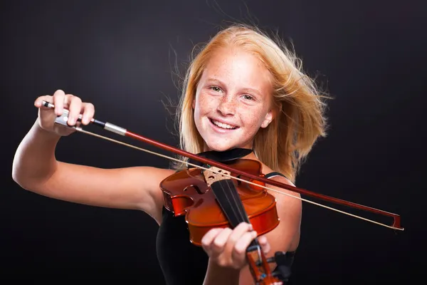 Cheerful preteen girl playing violin — Stock Photo, Image