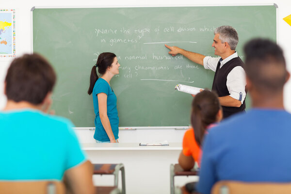 teacher pointing at chalkboard with student standing in front of