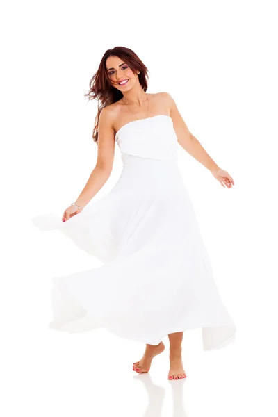 Pretty young woman dancing on white — Stock Photo, Image