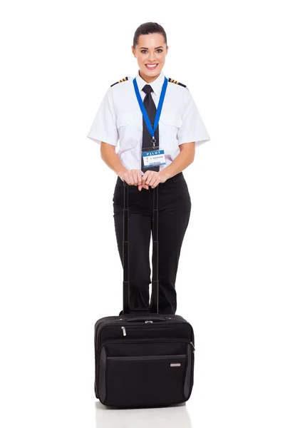 Feminino companhia aérea primeiro oficial de pé com pasta — Fotografia de Stock