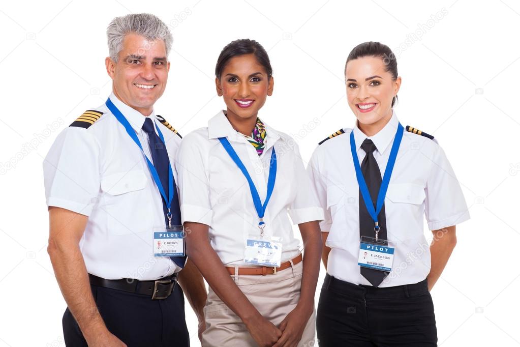 airline crew standing on white background