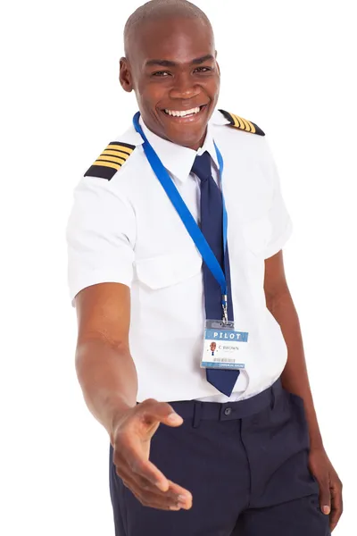 Friendly african pilot handshake gesture — Stock Photo, Image