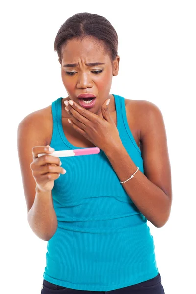 Шокированная африканская женщина смотрит на тест на беременность — стоковое фото
