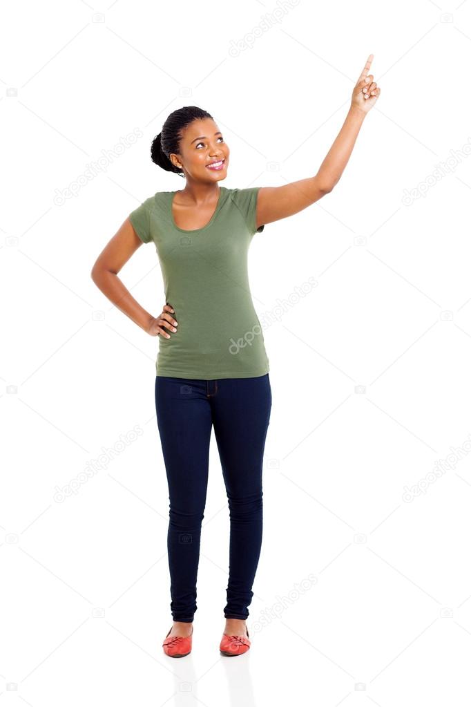 young african woman pointing up