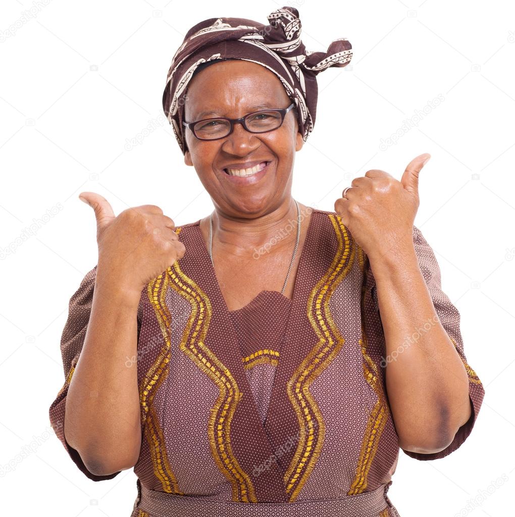 senior african woman giving two thumbs up
