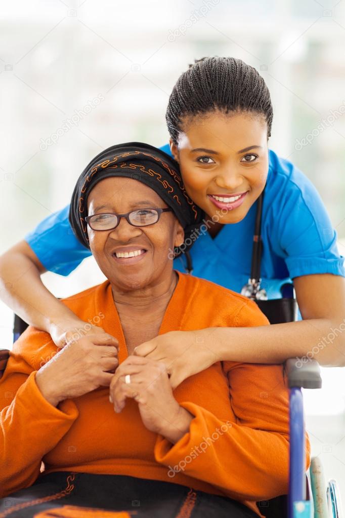senior african disabled woman caregiver